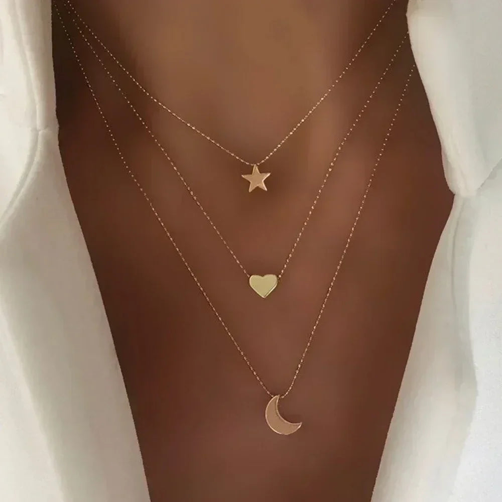 3PCS Gold Charm Necklace Set Star Pearl Cross Pendant Women Jewelry