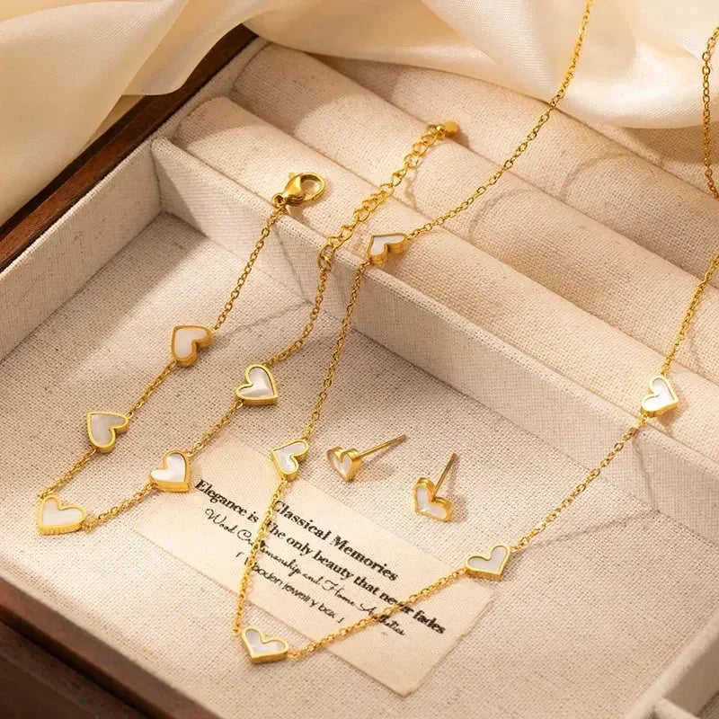 316L Stainless Steel Heart Shell Jewelry Set Necklace Bracelet Earrings