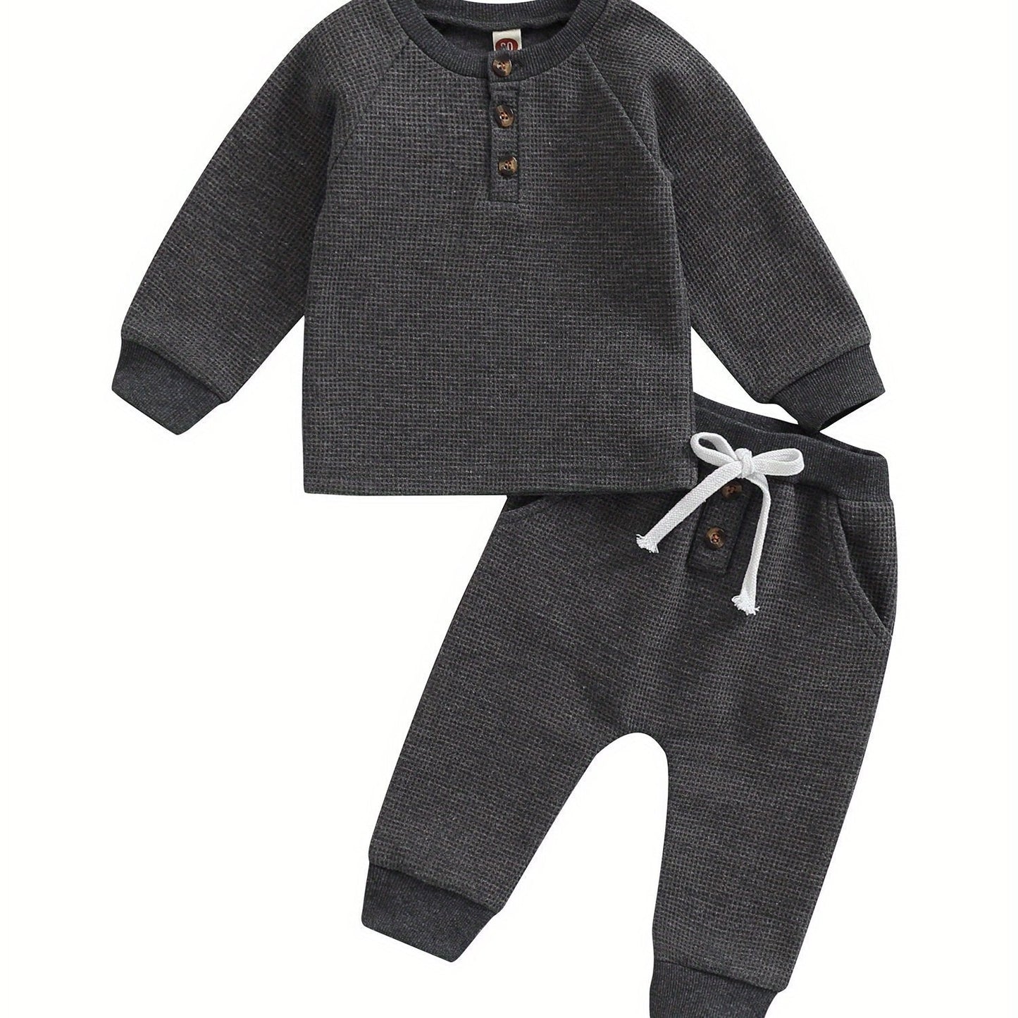 Toddler Thicken Waffle Clothes Set Boy Girls Buttons Round