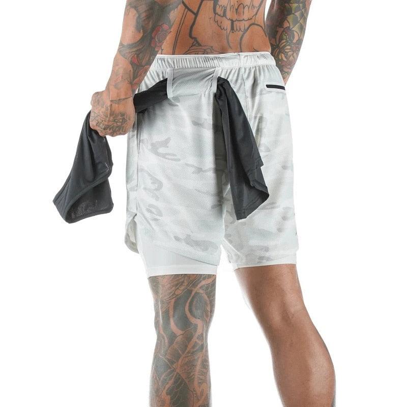 Men’s Camo 2-in-1 Running Shorts Quick Dry Gym Workout Shorts