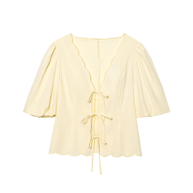 Women Solid Color Bubble Sleeve Blouse Pants Set Casual Loose Fit