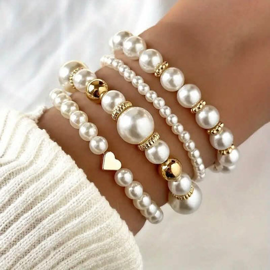 4PCS White Faux Pearl Beaded Handmade Jewelry Set Elegant Women