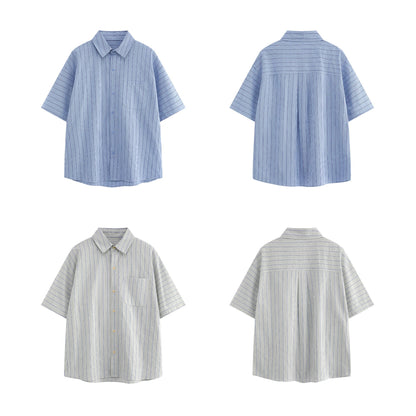 Patch striped casual loose silhouette short sleeved shirt for men