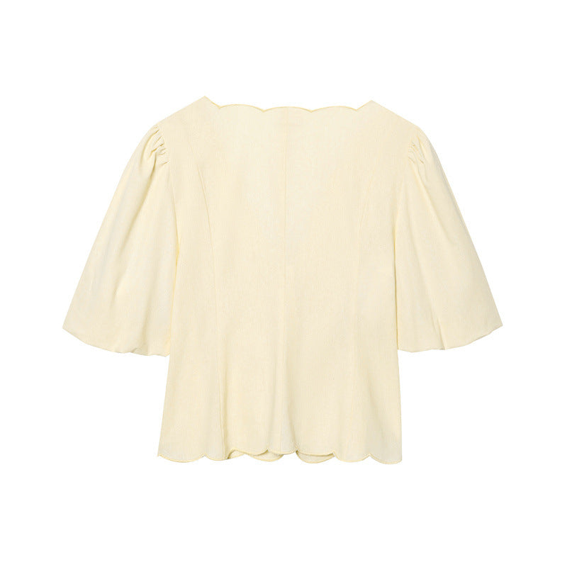 Women Solid Color Bubble Sleeve Blouse Pants Set Casual Loose Fit