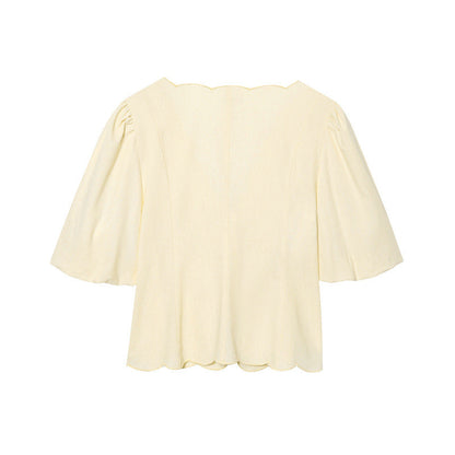 Women Solid Color Bubble Sleeve Blouse Pants Set Casual Loose Fit