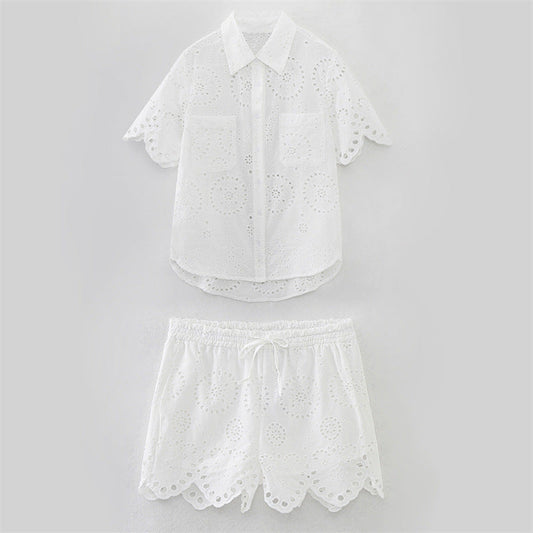 Summer NewStyle Women's Fashion Casual Short Sleeve Hollow Embroidered Shirt Shorts