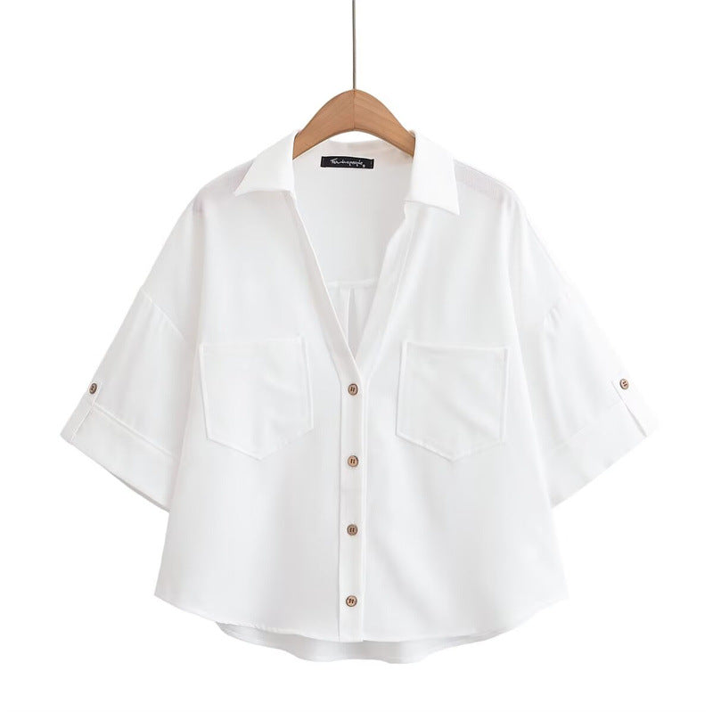 Women V-Neck Crop Top Elegant Casual Short Sleeve Fashion Shirt
