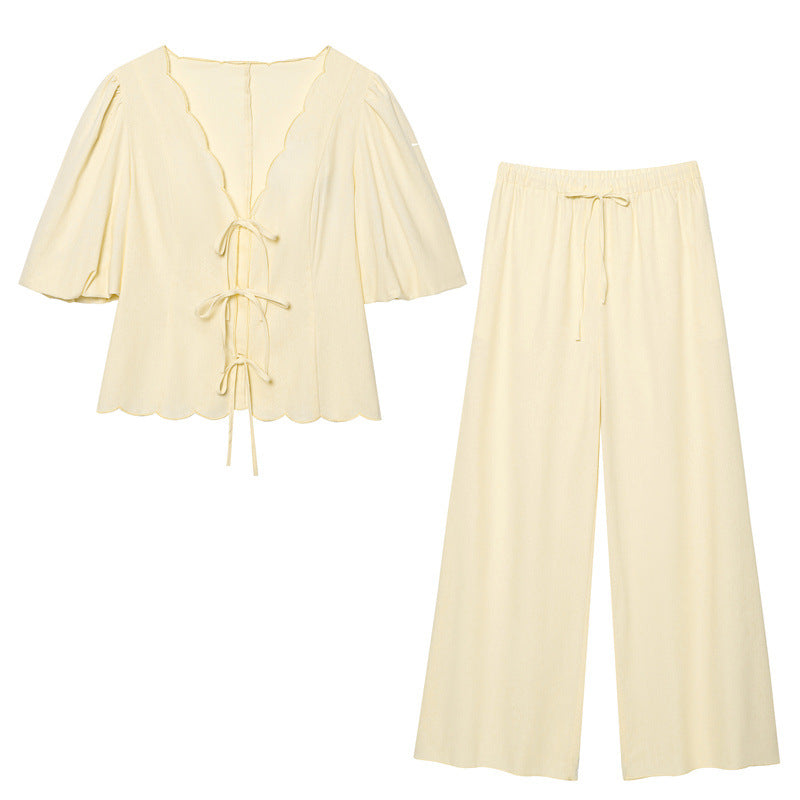 Women Solid Color Bubble Sleeve Blouse Pants Set Casual Loose Fit