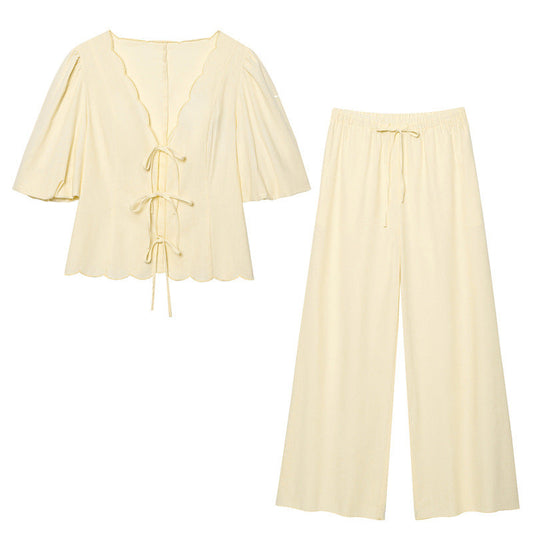 Women Solid Color Bubble Sleeve Blouse Pants Set Casual Loose Fit