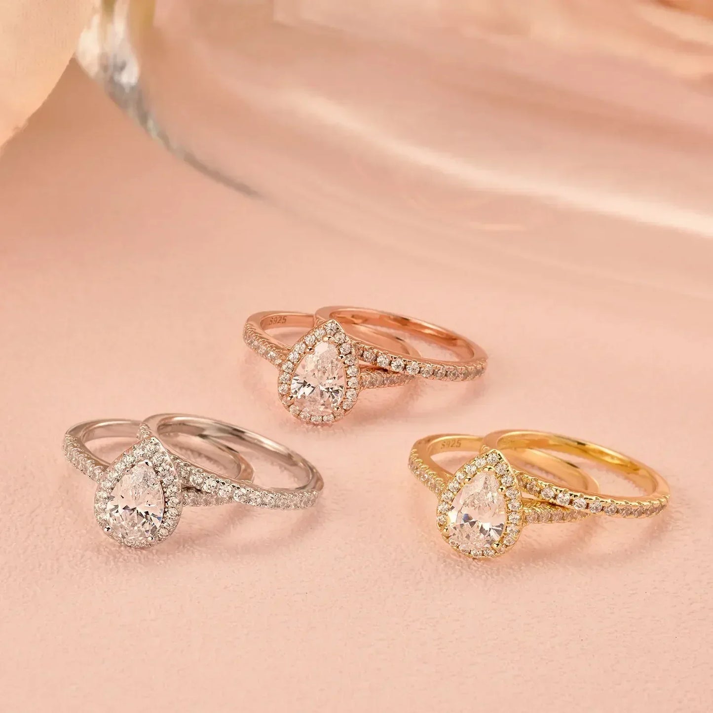 Teardrop Engagement Ring Set 925 Silver Wedding Bridal Jewelry