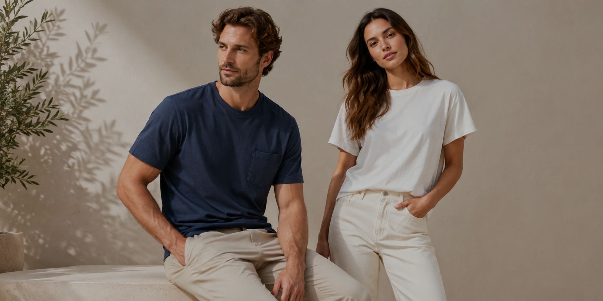 Man and woman sitting side by side against a neutral background