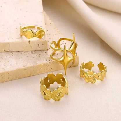 Stainless Steel Flower Open Ring Women Gold Geometric Hollow Jewelry