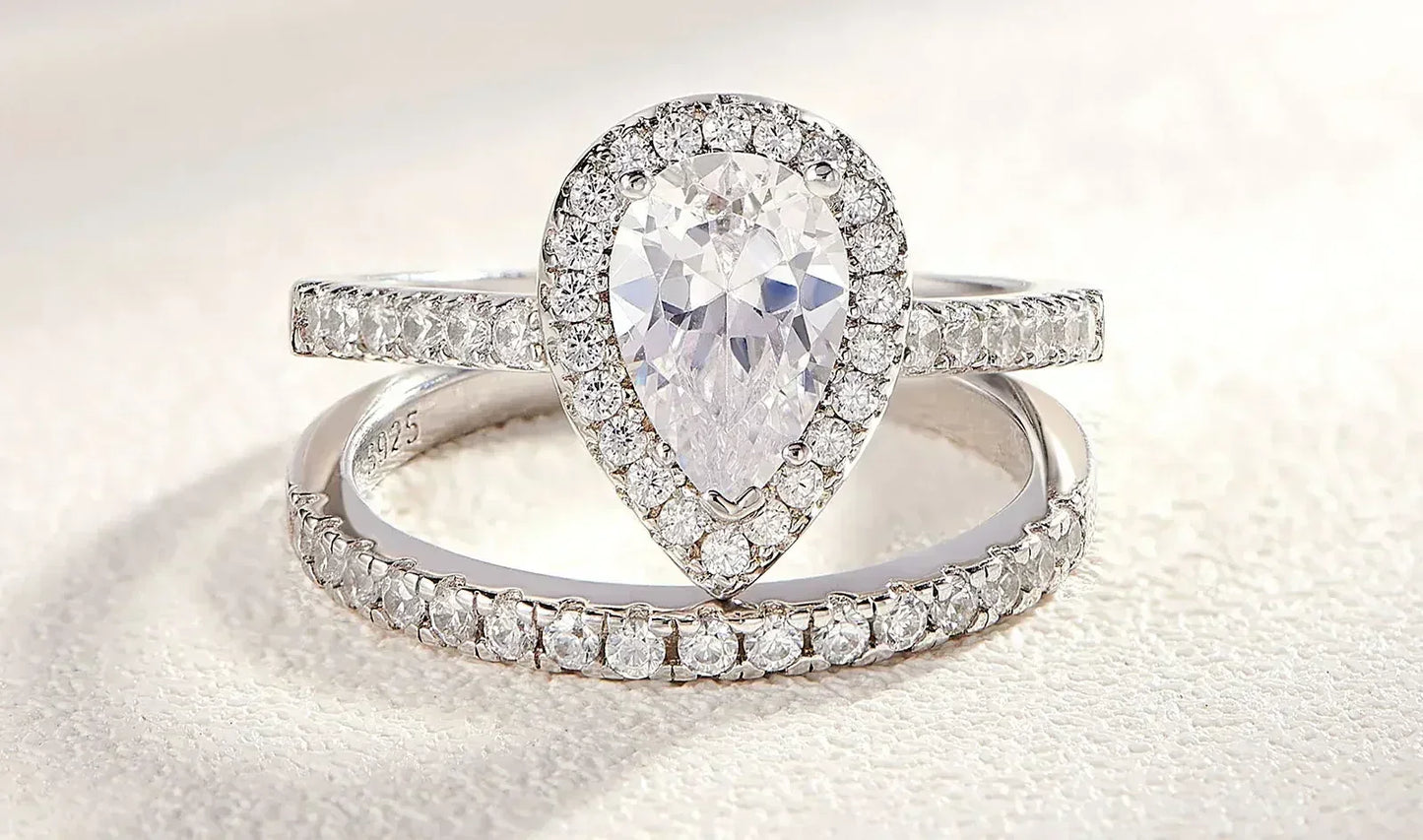 Teardrop Engagement Ring Set 925 Silver Wedding Bridal Jewelry