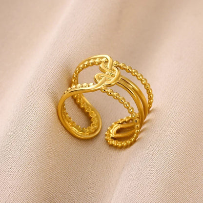 Stainless Steel Flower Open Ring Women Gold Geometric Hollow Jewelry