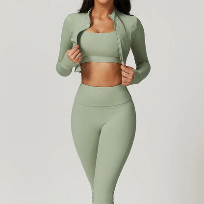 Women 3 Piece Workout Set Sports Bra Leggings Long Sleeve Activewear
