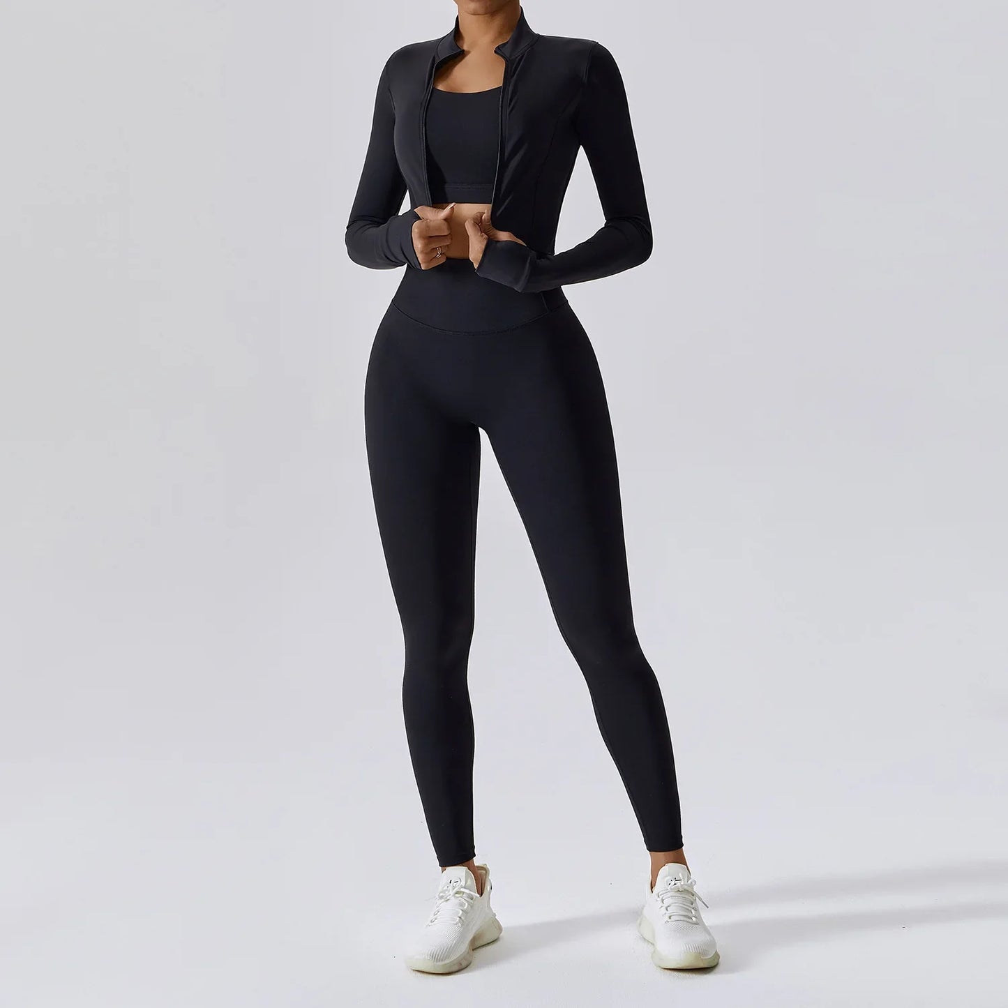 Women 3 Piece Workout Set Sports Bra Leggings Long Sleeve Activewear