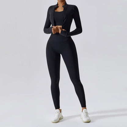Women 3 Piece Workout Set Sports Bra Leggings Long Sleeve Activewear