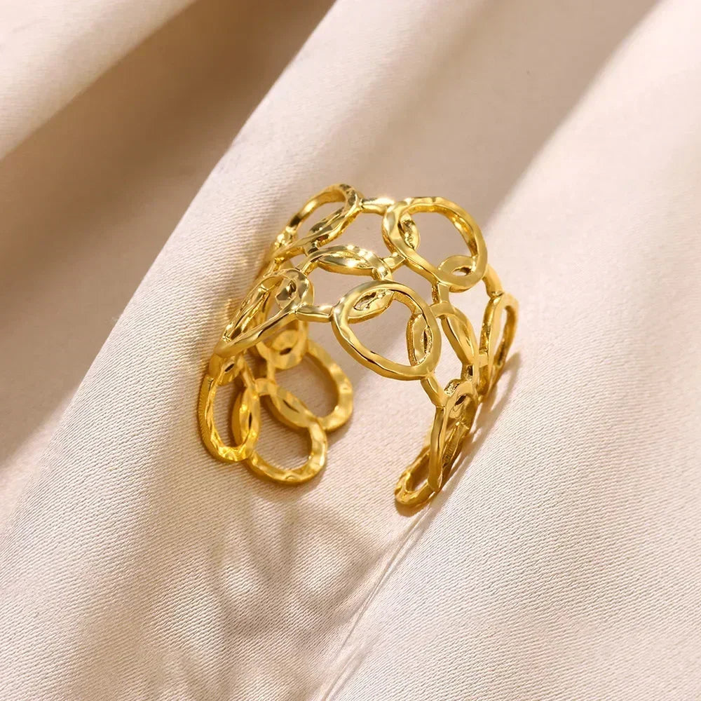 Stainless Steel Flower Open Ring Women Gold Geometric Hollow Jewelry