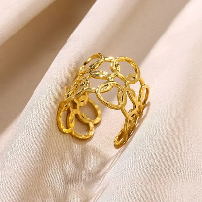 Stainless Steel Flower Open Ring Women Gold Geometric Hollow Jewelry