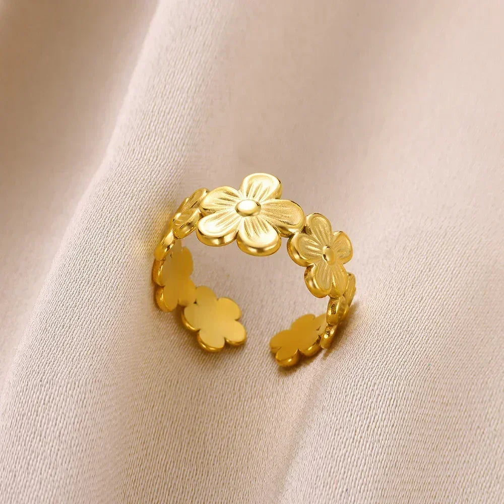 Stainless Steel Flower Open Ring Women Gold Geometric Hollow Jewelry