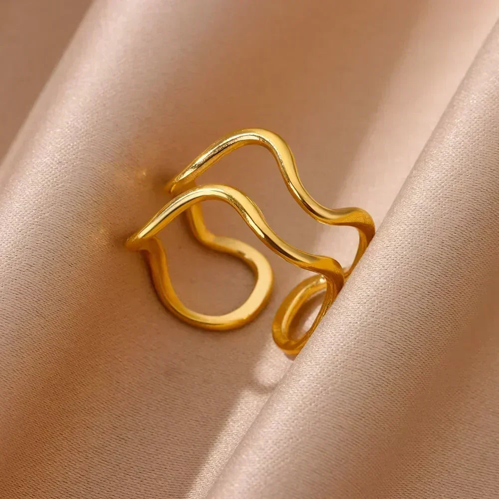 Stainless Steel Flower Open Ring Women Gold Geometric Hollow Jewelry
