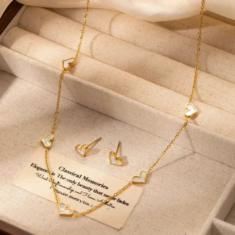 316L Stainless Steel Heart Shell Jewelry Set Necklace Bracelet Earrings