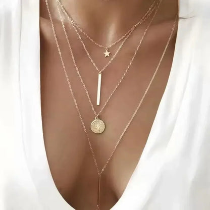 3PCS Gold Charm Necklace Set Star Pearl Cross Pendant Women Jewelry