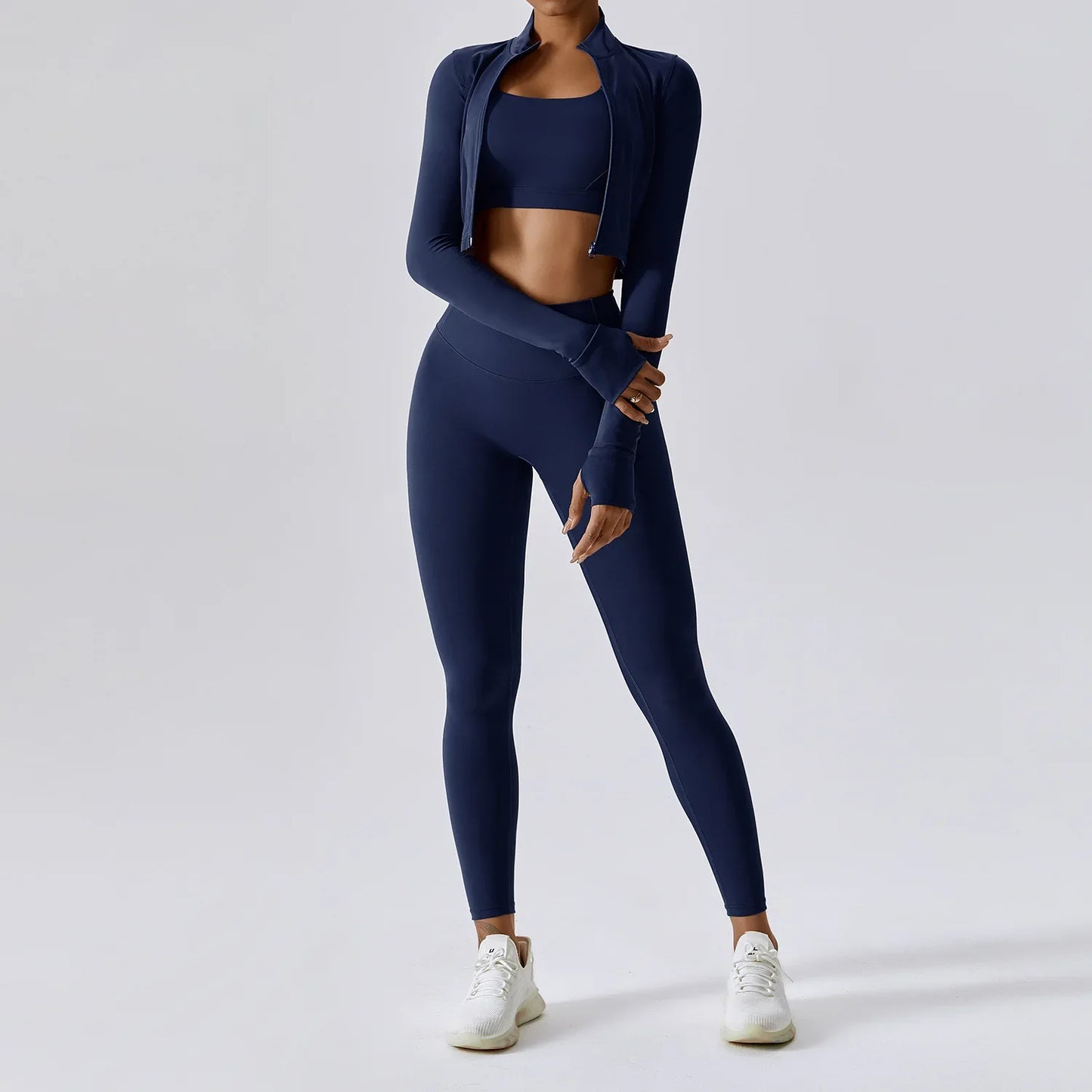 Women 3 Piece Workout Set Sports Bra Leggings Long Sleeve Activewear
