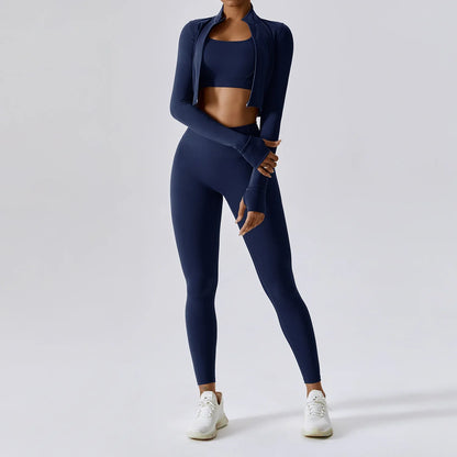 Women 3 Piece Workout Set Sports Bra Leggings Long Sleeve Activewear