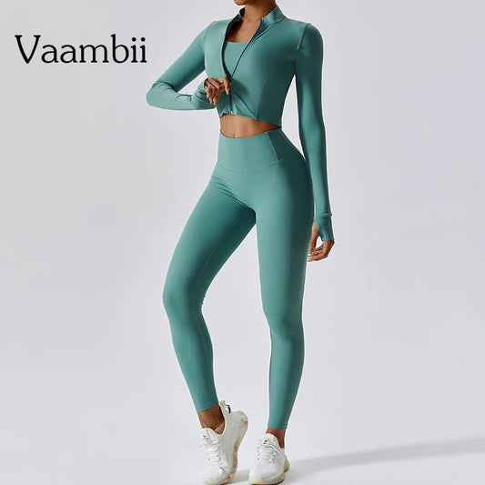Women 3 Piece Workout Set Sports Bra Leggings Long Sleeve Activewear