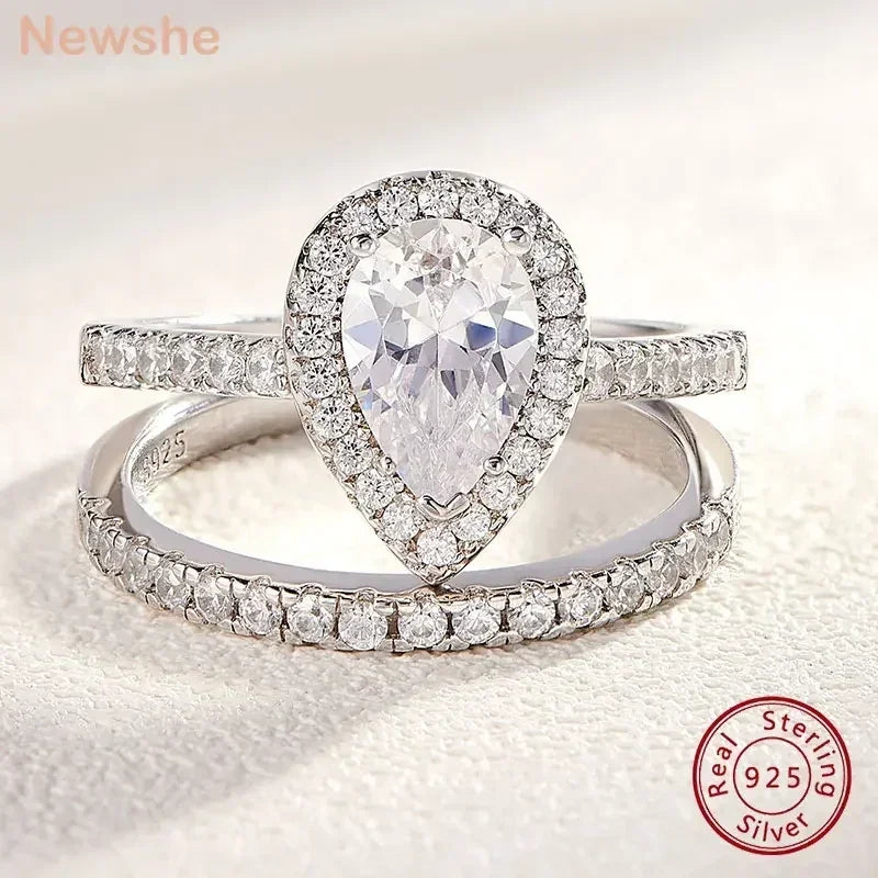 Teardrop Engagement Ring Set 925 Silver Wedding Bridal Jewelry