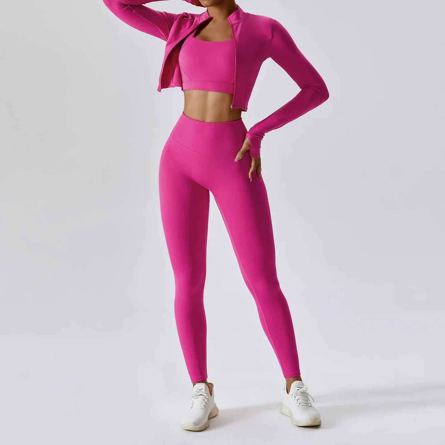 Women 3 Piece Workout Set Sports Bra Leggings Long Sleeve Activewear
