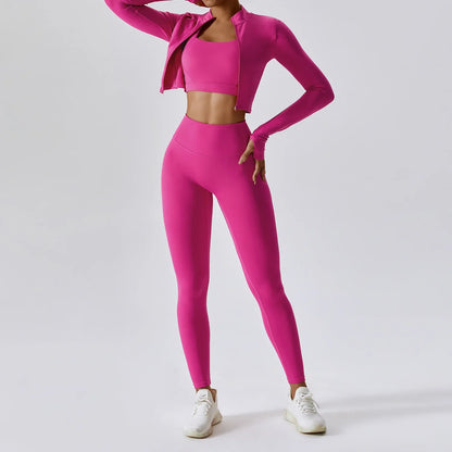 Women 3 Piece Workout Set Sports Bra Leggings Long Sleeve Activewear