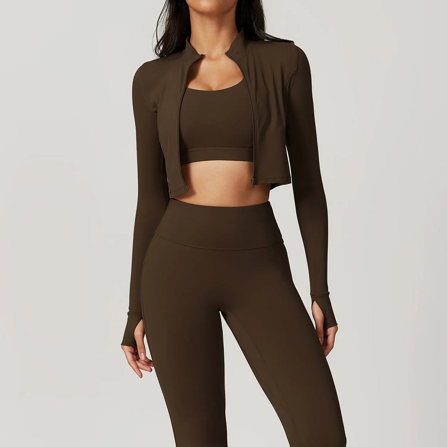 Women 3 Piece Workout Set Sports Bra Leggings Long Sleeve Activewear
