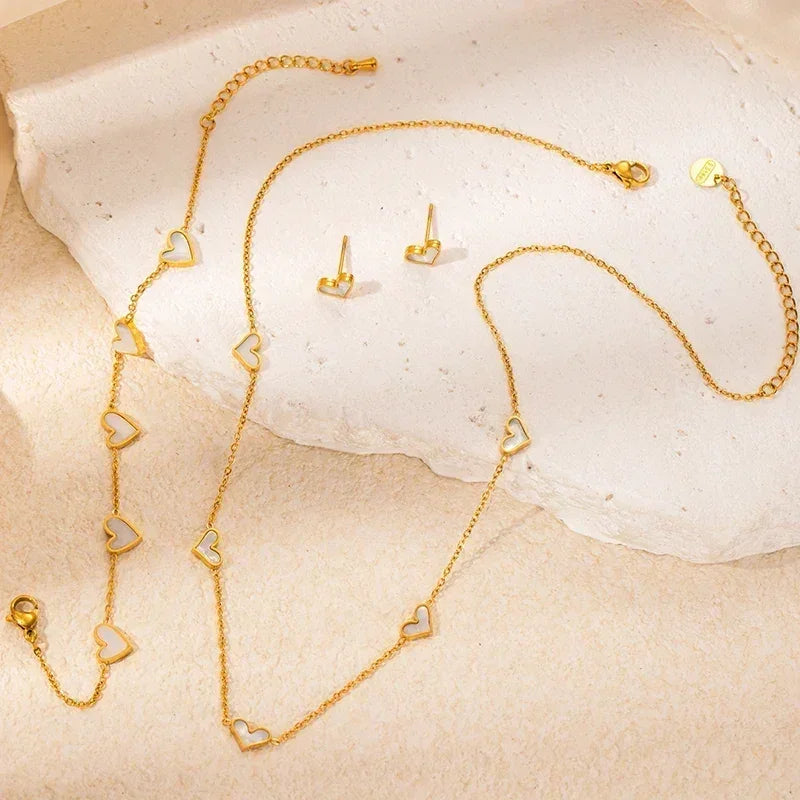 316L Stainless Steel Heart Shell Jewelry Set Necklace Bracelet Earrings