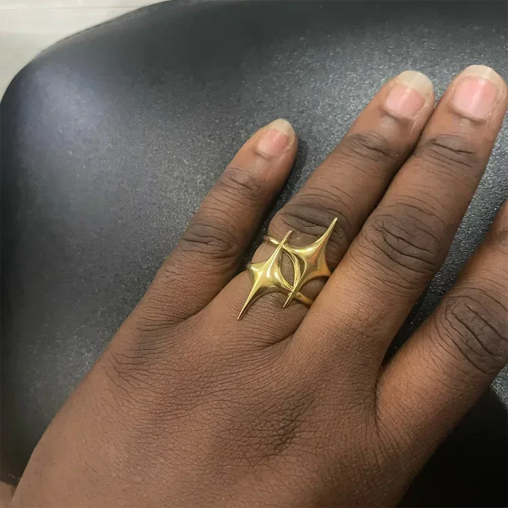 Stainless Steel Flower Open Ring Women Gold Geometric Hollow Jewelry