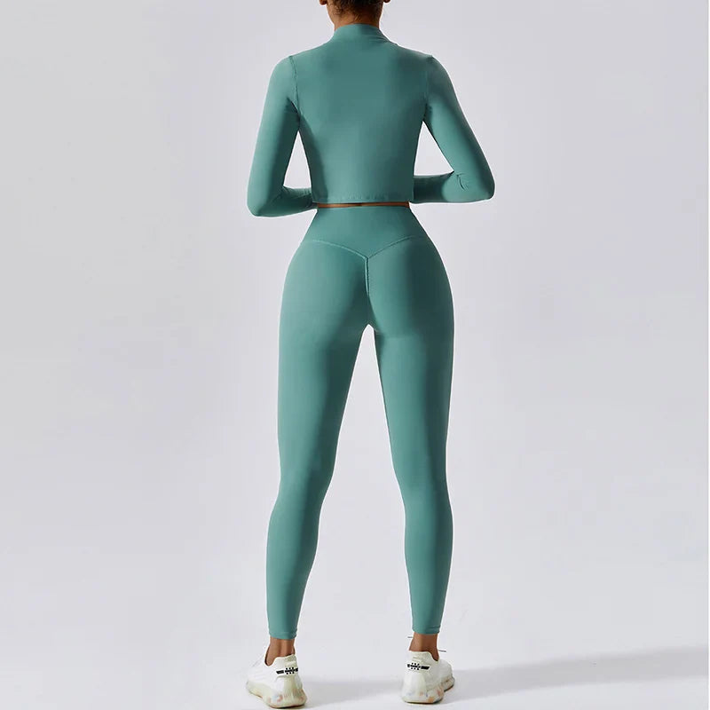 Women 3 Piece Workout Set Sports Bra Leggings Long Sleeve Activewear