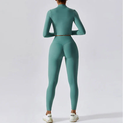 Women 3 Piece Workout Set Sports Bra Leggings Long Sleeve Activewear