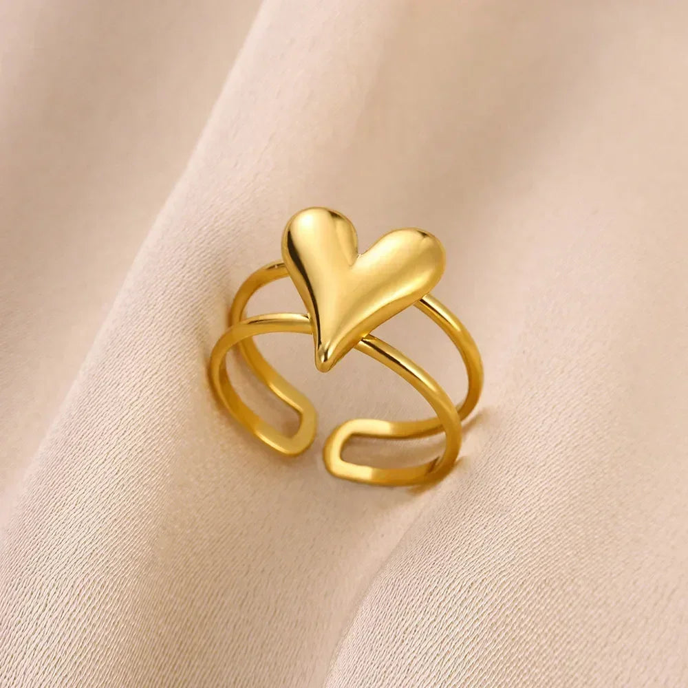 Stainless Steel Flower Open Ring Women Gold Geometric Hollow Jewelry