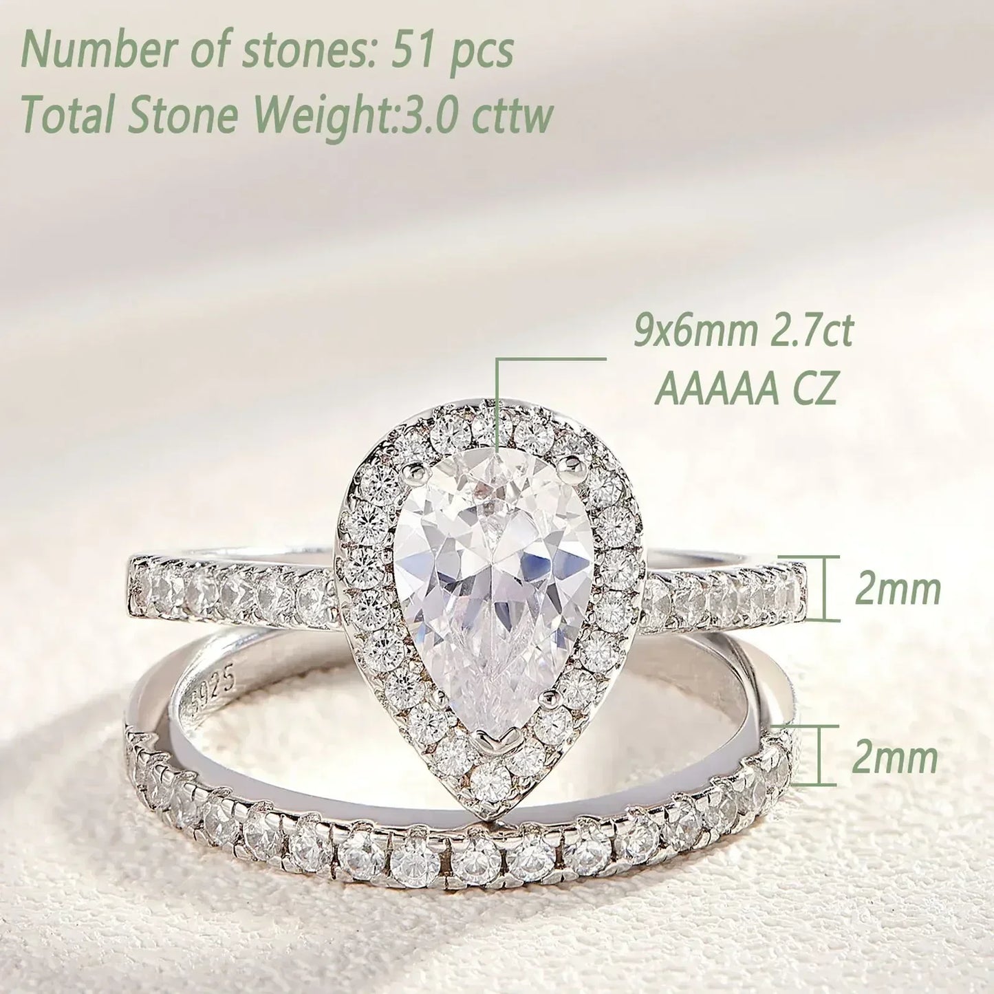 Teardrop Engagement Ring Set 925 Silver Wedding Bridal Jewelry