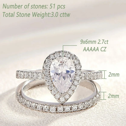 Teardrop Engagement Ring Set 925 Silver Wedding Bridal Jewelry