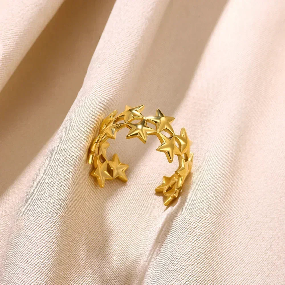 Stainless Steel Flower Open Ring Women Gold Geometric Hollow Jewelry