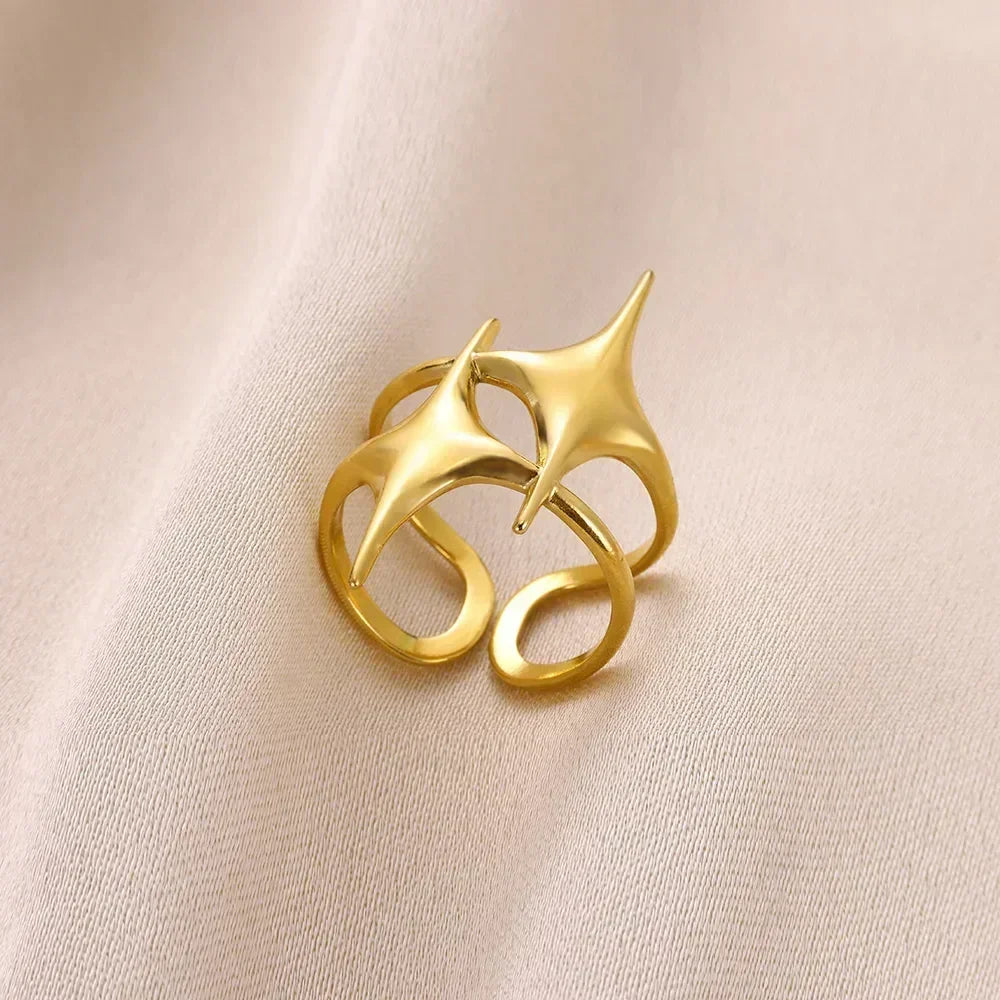 Stainless Steel Flower Open Ring Women Gold Geometric Hollow Jewelry