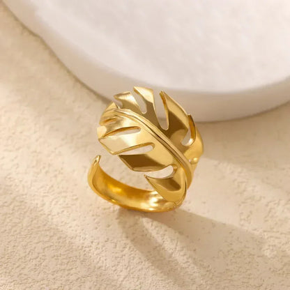 Stainless Steel Flower Open Ring Women Gold Geometric Hollow Jewelry