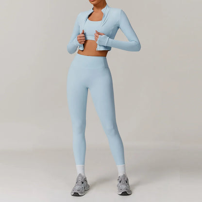 Women 3 Piece Workout Set Sports Bra Leggings Long Sleeve Activewear