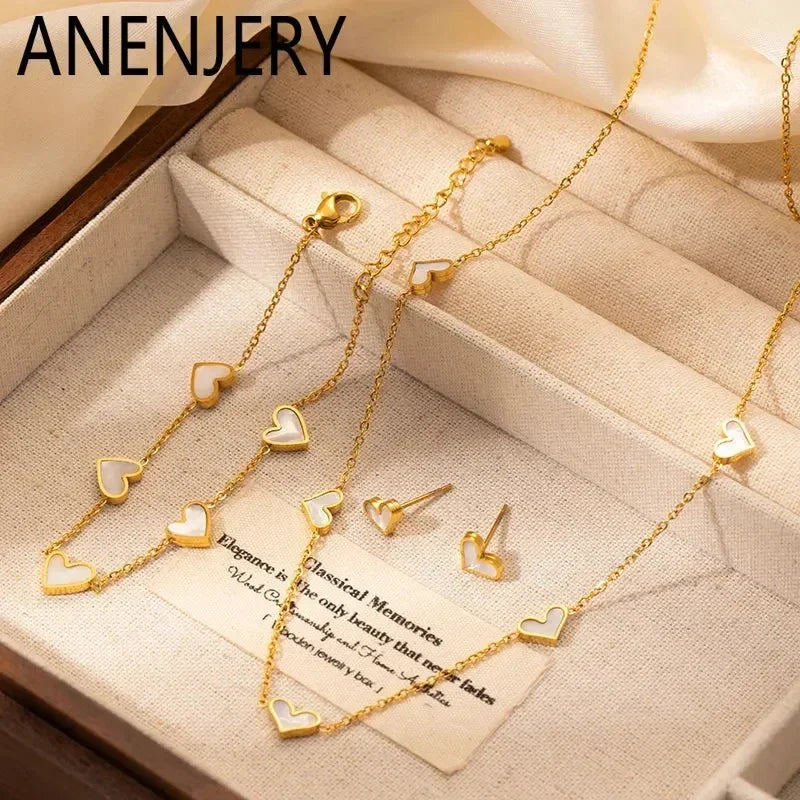 316L Stainless Steel Heart Shell Jewelry Set Necklace Bracelet Earrings
