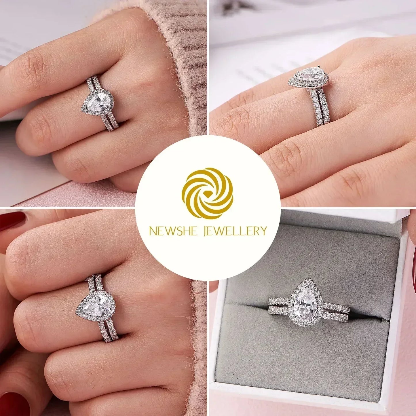 Teardrop Engagement Ring Set 925 Silver Wedding Bridal Jewelry