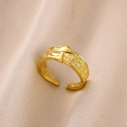 Stainless Steel Flower Open Ring Women Gold Geometric Hollow Jewelry