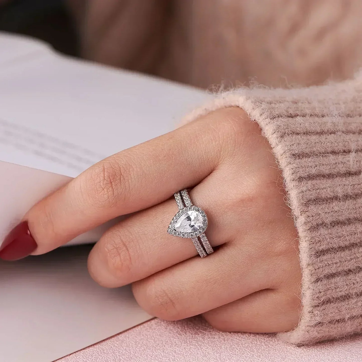 Teardrop Engagement Ring Set 925 Silver Wedding Bridal Jewelry
