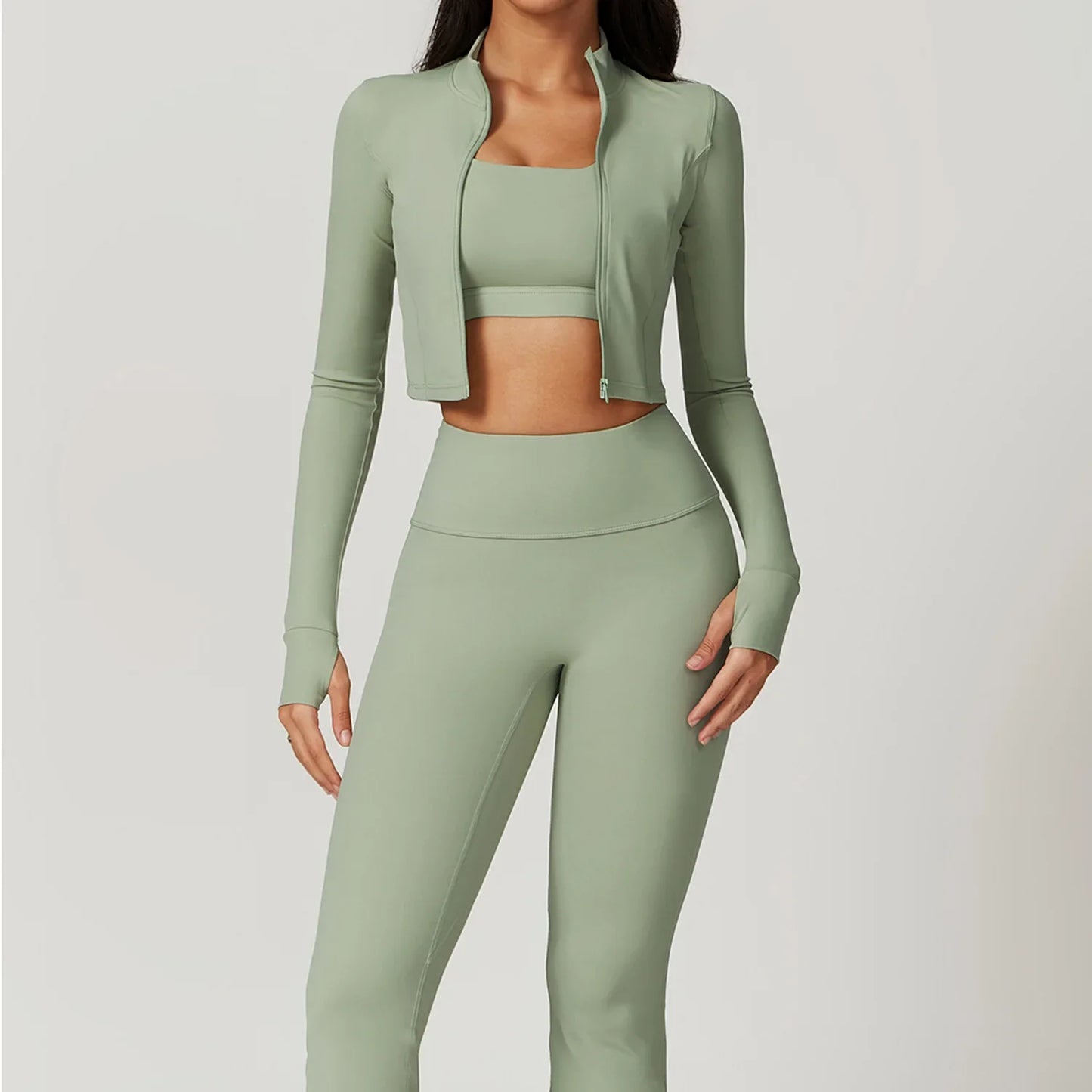 Women 3 Piece Workout Set Sports Bra Leggings Long Sleeve Activewear